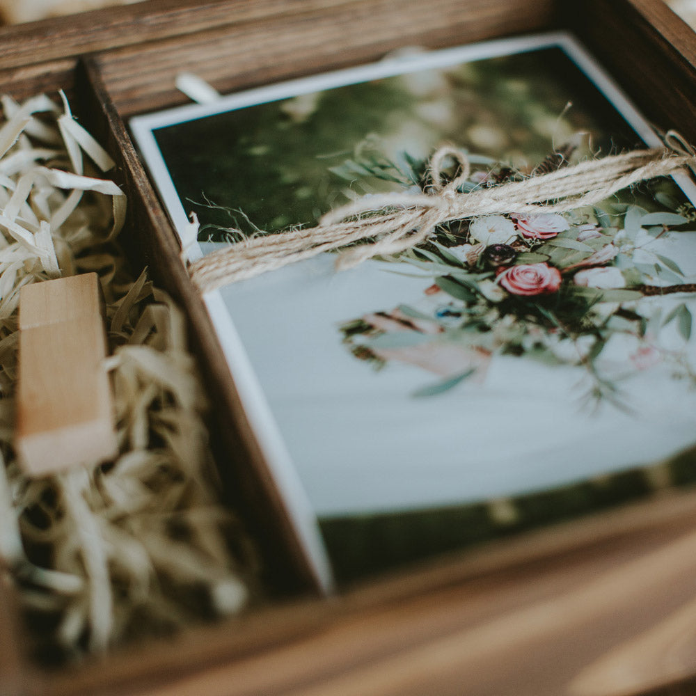 Square wooden box for 5x7 prints & USB - set of 10 pcs
